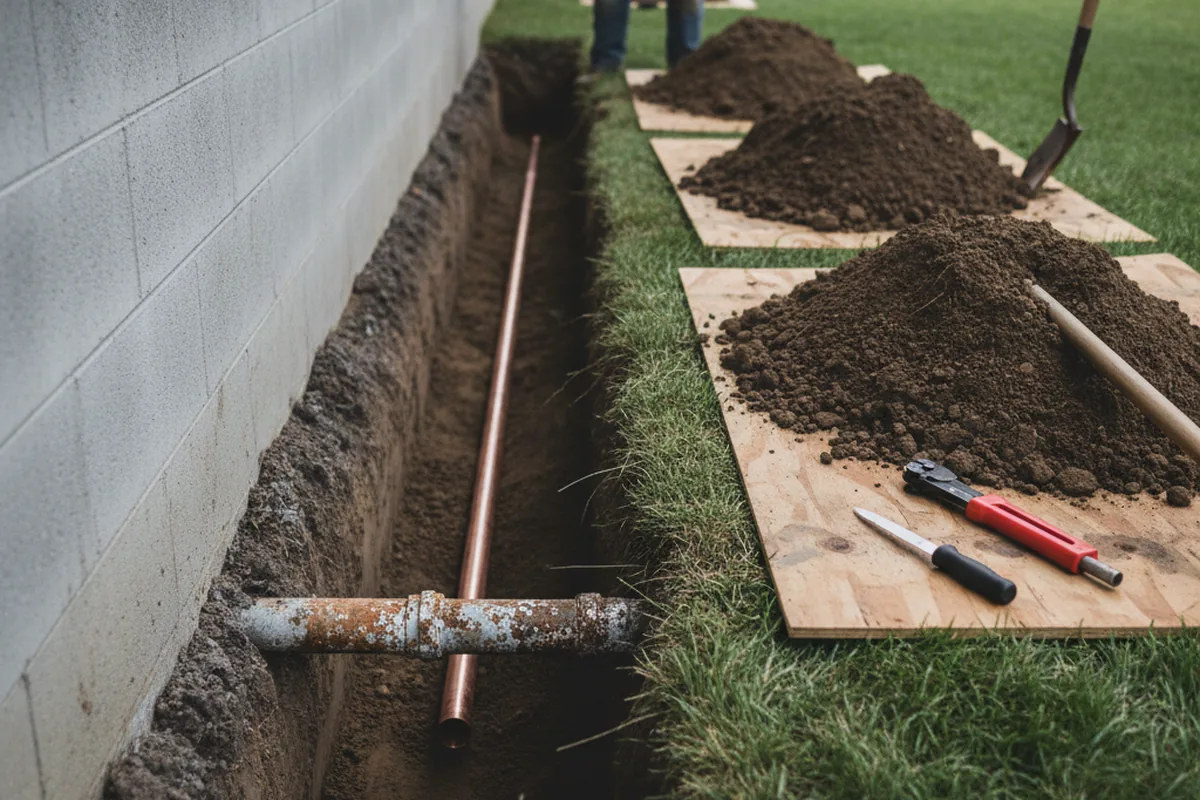 Excavated water line trench during Sewer Line Repair in Pittstown